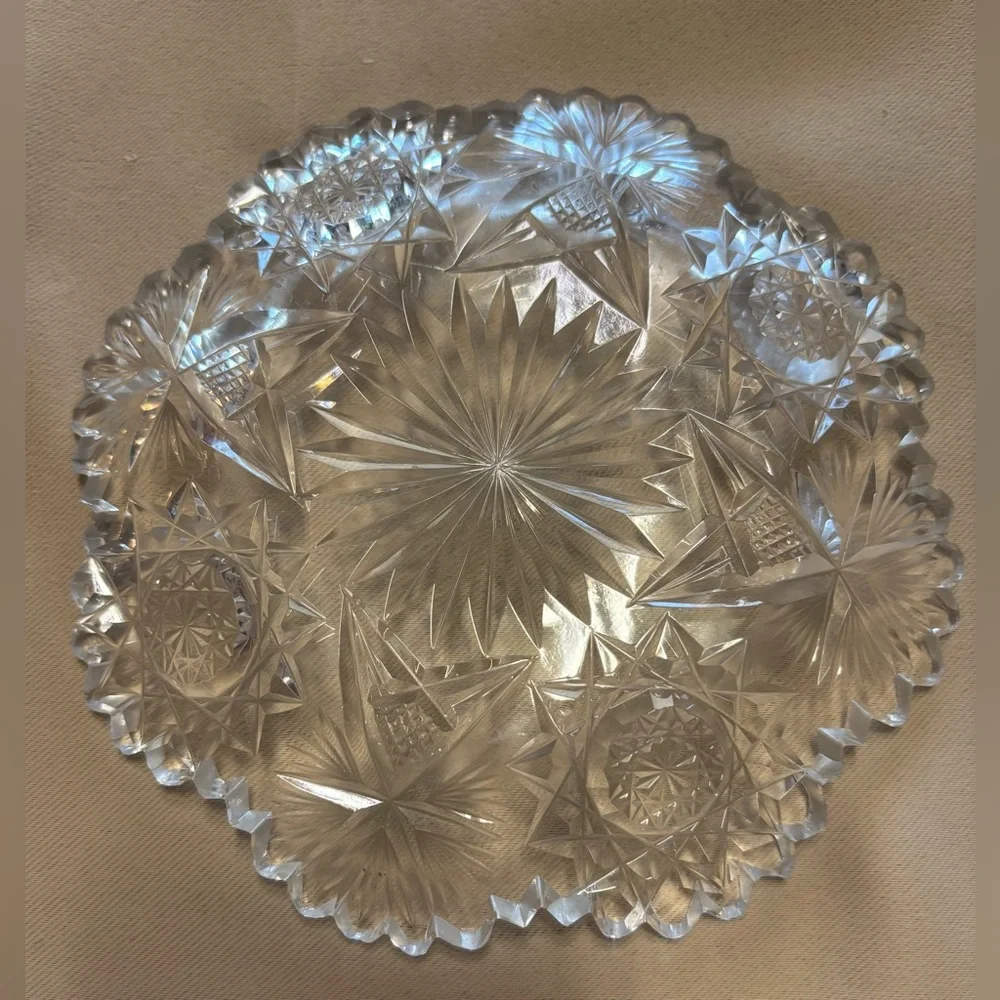 Antique American Brilliant Glass 6” Crystal Dish Bowl Sawtooth Scalloped Star‎